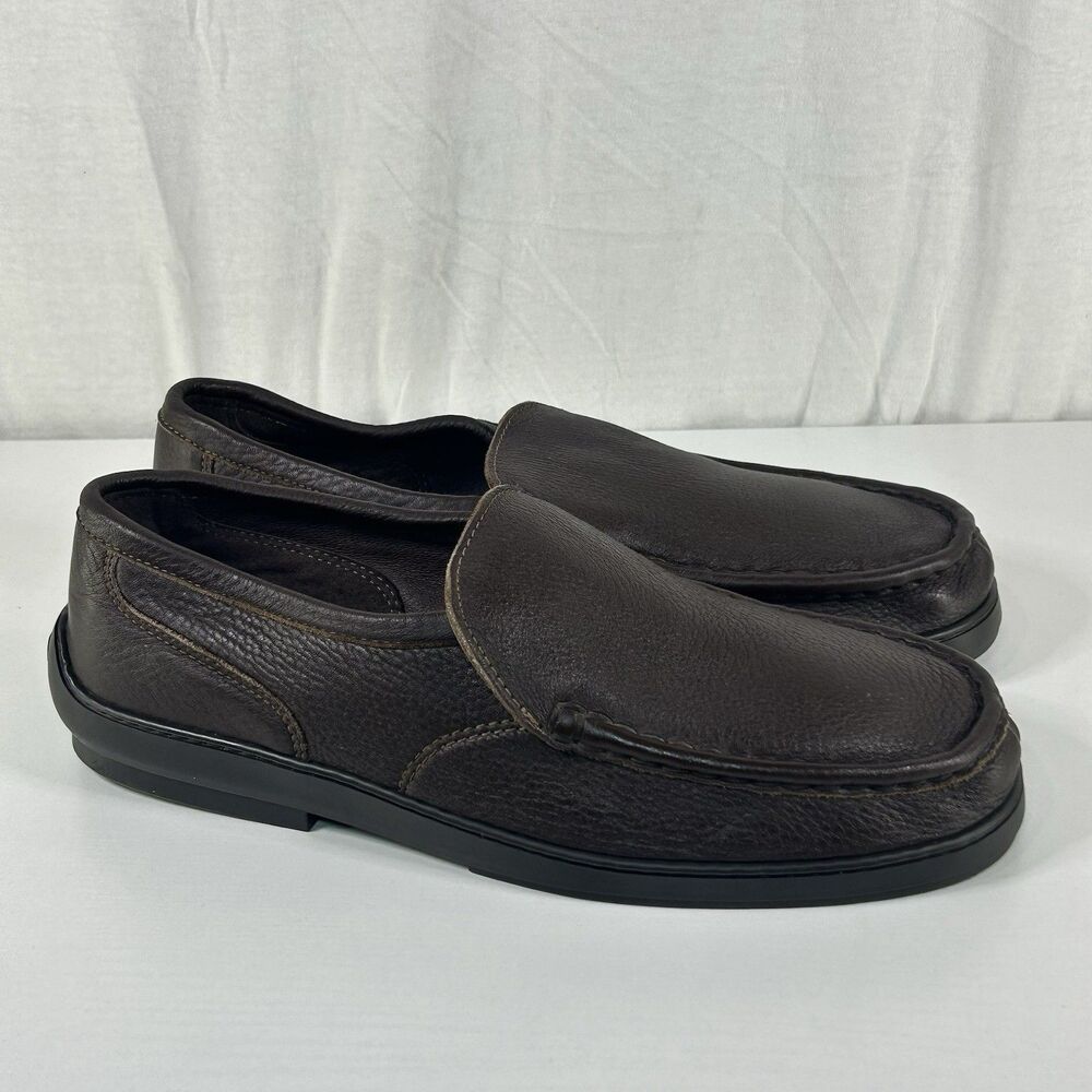 Minnetonka Moccasin Men Bison Leather 972 Loafer Brown Size 14 Hard Sole